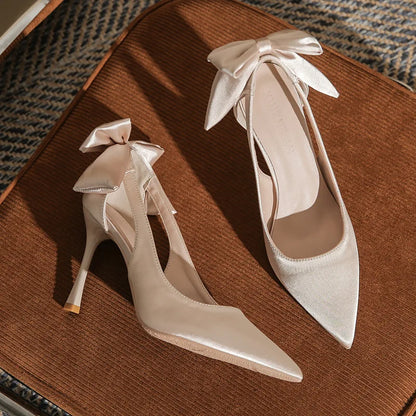 Slimming Shoes Casual Heels Shallow Mouth Sandals Ladies Pointed Pumps Hollow 2025 All-Match Comfortable Beige African Bow Toe