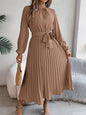 Autumn and winter elegant stand up collar long sleeved waist cinched pleated long skirt small dress women's solid color dress