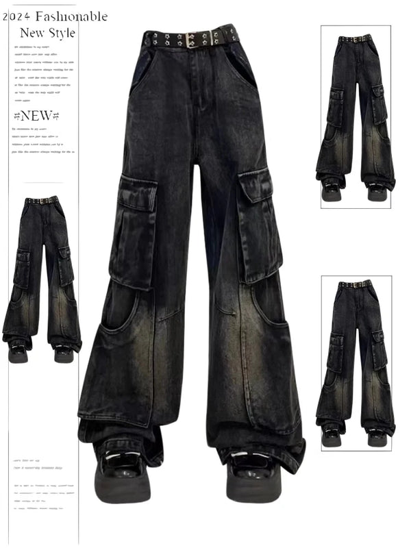 Women's Black Gothic Cargo Jeans Vintage Korean 90s Aesthetic Y2k Denim Trousers Harajuku High Waist Cowboy Pants 2000s Clothes