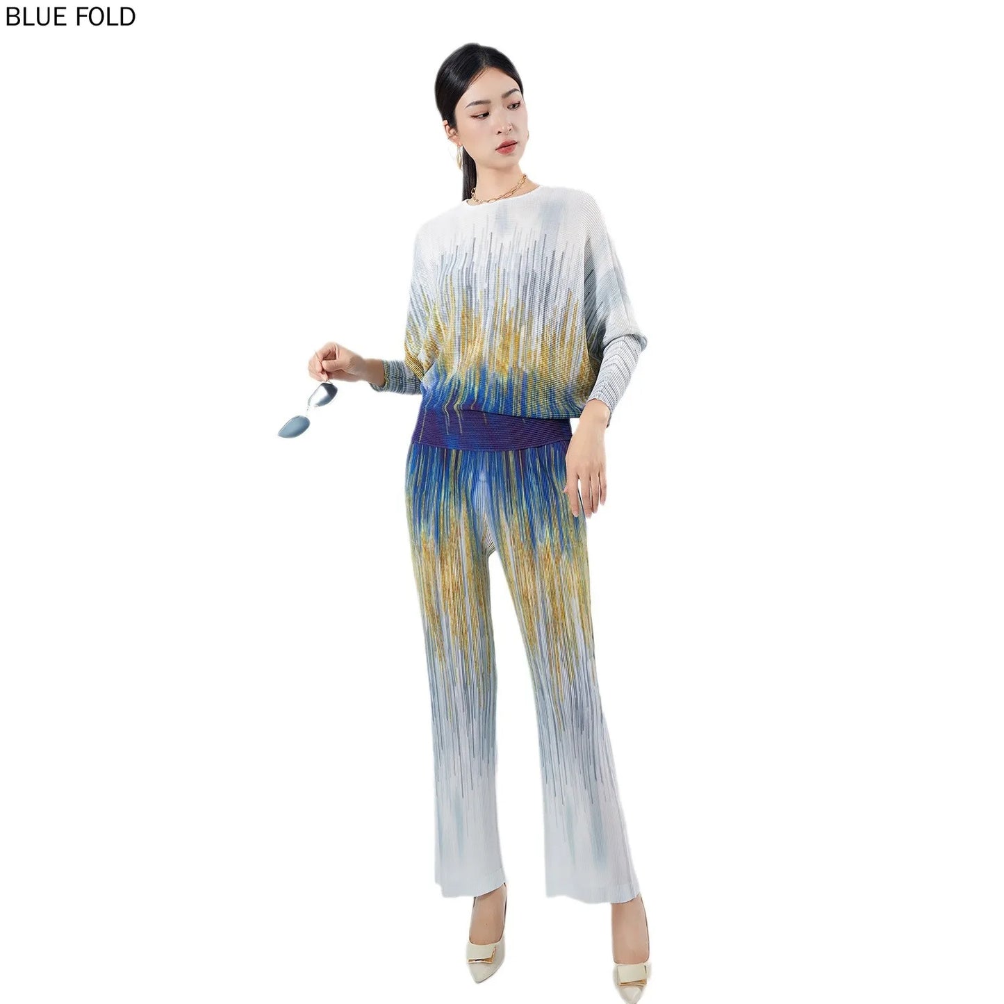 MIYAKE-Women's Printed Round Neck Long-Sleeved Top and Straight-Leg Pants, Pleated Tshirt Sets, High-End Fashion Suit