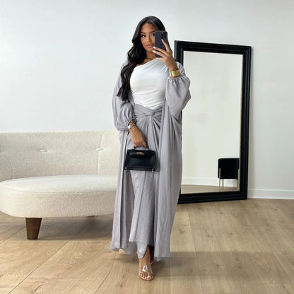 Autumn Winter Fashion Two Piece Set Muslim Women Elegant Solid Long Cardigan Twisted Skirt Two Piece Set