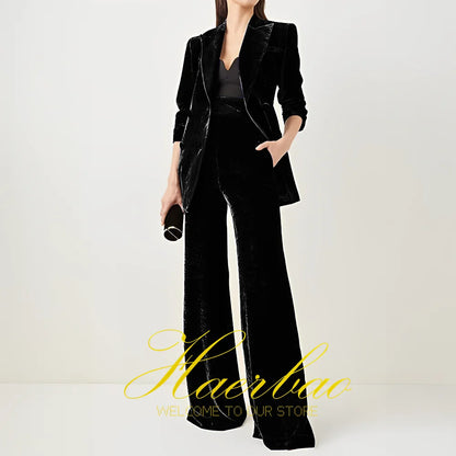 Women's Velvet 2 Piece Suit Office Lady Business Blazer&Pants Double Breasted Wedding Tuxedos