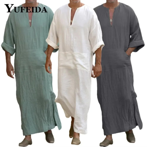 YUFEIDA Men Long Linen Jubba Thobe Kaftan Muslim Arab Islamic V-neck Long Sleeve Solid Cotton Linen Robe Muslim Arabia Man Abaya