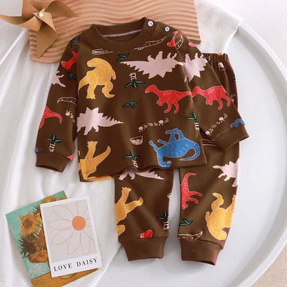 2025 New Kids Boys Girls Pajama Sets Cartoon Print Long Sleeve Cute T-Shirt Tops with Pants Toddler Baby Autumn Sleeping Clothes