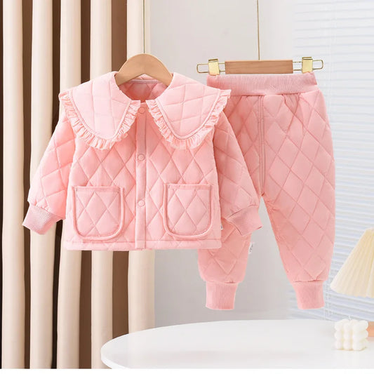 2025 Girls Winter Sets Baby Clip Cotton Warm Two-Piece Autumn New Children Lapel Solid Colour Fashion Casaual Suit 12M-6 Years