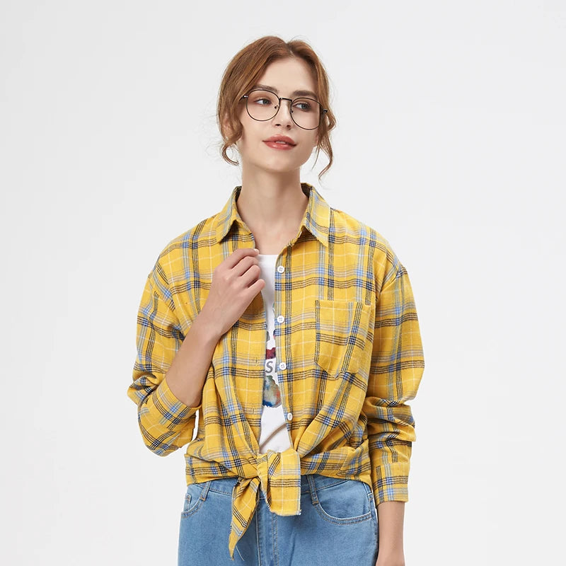 New Fashion Loose Womens Plaid Shirt Fresh College Style Design Blouses And Tops Long Sleeve Casual Female Checked Clothes