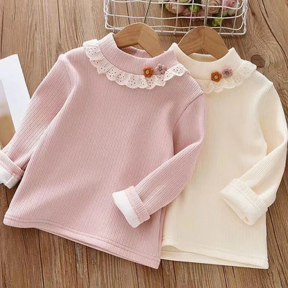 Girls Underlay 2025 New Winter Children's Half High Collar Girl Baby Foreigner Cute Plush Thickened Top Girls' T-shirt Kids