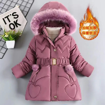 New Autumn Winter Girls Jacket Furball Thicken Warm Little Princess Coat Hooded Zipper Fur Collar Outerwear 4 5 6 7 8 9 10 Years