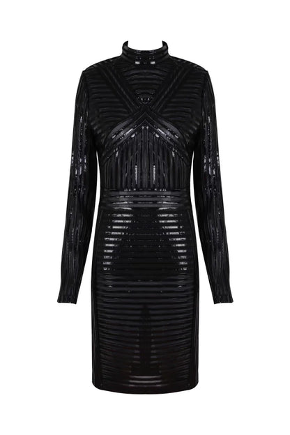 STOCK New Autumn Half High Collar Leather Patchwork Mesh Black Mini Dress Fashion Woman Evening Dress Nightclub Party Outfit