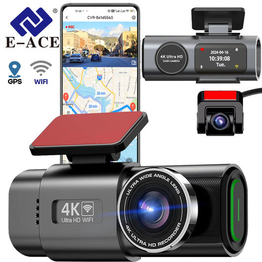 E-ACE 4K Dashcam Mini Camera Recorder GPS Wifi 24H Parking Dual Lens With 1080P Rearview Camera Night Vision Black Box For Car