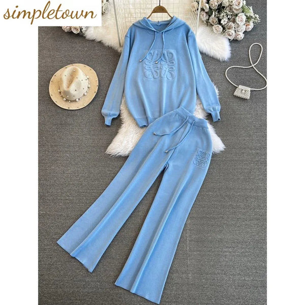 Fashion Suit Women's Korean Version Loose Knit Hooded Top Casual High Waist Slimming Straight Leg Wide Leg Pants Two-piece Set