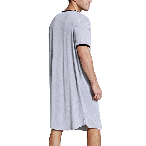 Men V-Neck Linen Robe Roll Up Short Sleeve Solid Long Night Gown Casual Loose Shirt Kaftan Thobe with Pocket