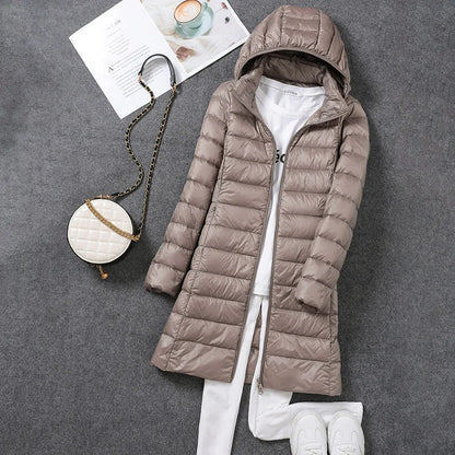 2025 Women Spring Jacket Ultralight Thin Packable Down Long Jacket  Female Hat Detachable Slim Fit Skirt Coat Portable Outwear