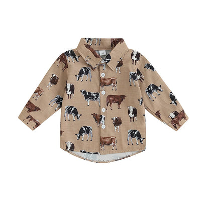 Kids Boys Shirts Western Style Cow Print Long Sleeve Turn-Down Collar Button-Down Toddler Tops Fall Winter Casual Clothes