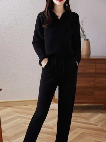 Autumn and Winter Cashmere Sweater Women's Suit Lapel Knit Pullover Fashion Straight Leg Small Foot Pants Luxury Two-Piece Set