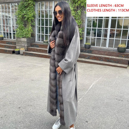 Long Gray Wool Coat Women Real Cashmere Coat Natural Fox Fur Trim 2024 New Style Womens Wool Coat Matching Belt Woolen Jackets