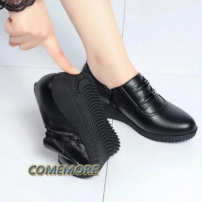 Autumn Mom PU Leather Flat Platform Winter Comfort Black Women‘s Shoes Loafers Wedges Heel Female Ballet Shoes Casual Round Head