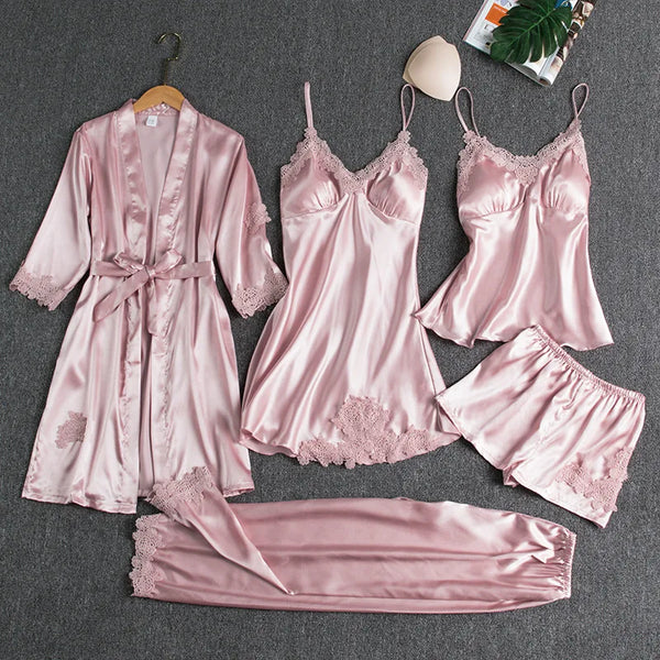 5PC Silk Robe Sleep Suit Womens Lace Satin Pajamas Gown Set V-Neck Cami Nighties Wear Pijama Home Nightwear Spring Nightdress