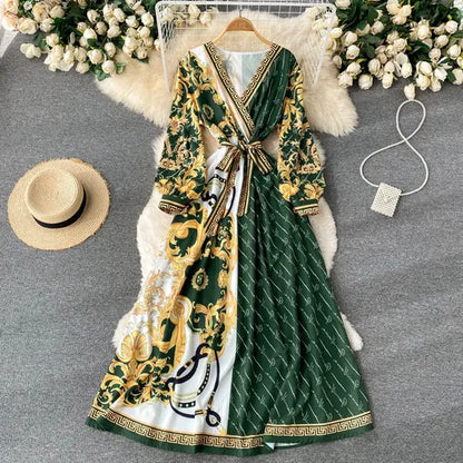 ZCWXM Spring Bohemian Women Maxi Dresses A-LINE Puff Sleeve V-Neck Long Rebe Female Fashion Evening Ankle-Length Dresses