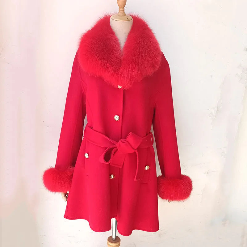 Winter Real Fox Fur Coat Women Wool Jacket With Natural Fox Fur Collar Slim Female Woolen Cashmere Outwear