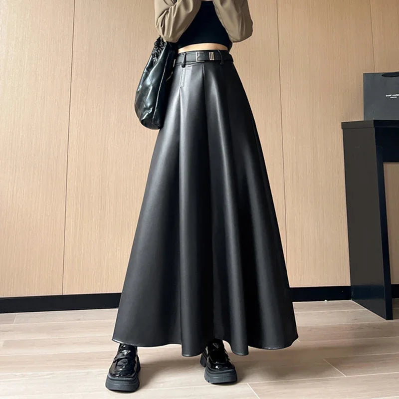 Ankle Length Faux Leather Skirt for Women Autumn Winter Elegant Belt A Line High Waist Long Maxi PU Skirt Female Z380