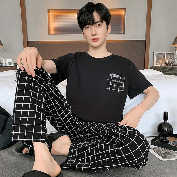 Cotton Pajamas Set for Men New Summer Soft Fashion O-neck Pyjamas Short Sleeved Plaid Pants Home Suit Plus Size S-4XL Pijamas