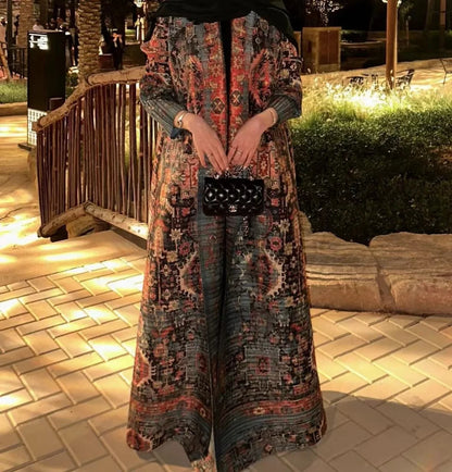 Autumn Women's Long Coat, Retro Printed Long Sleeved Muslim Abaya Saudi Fashion Wrinkled Waist Belt