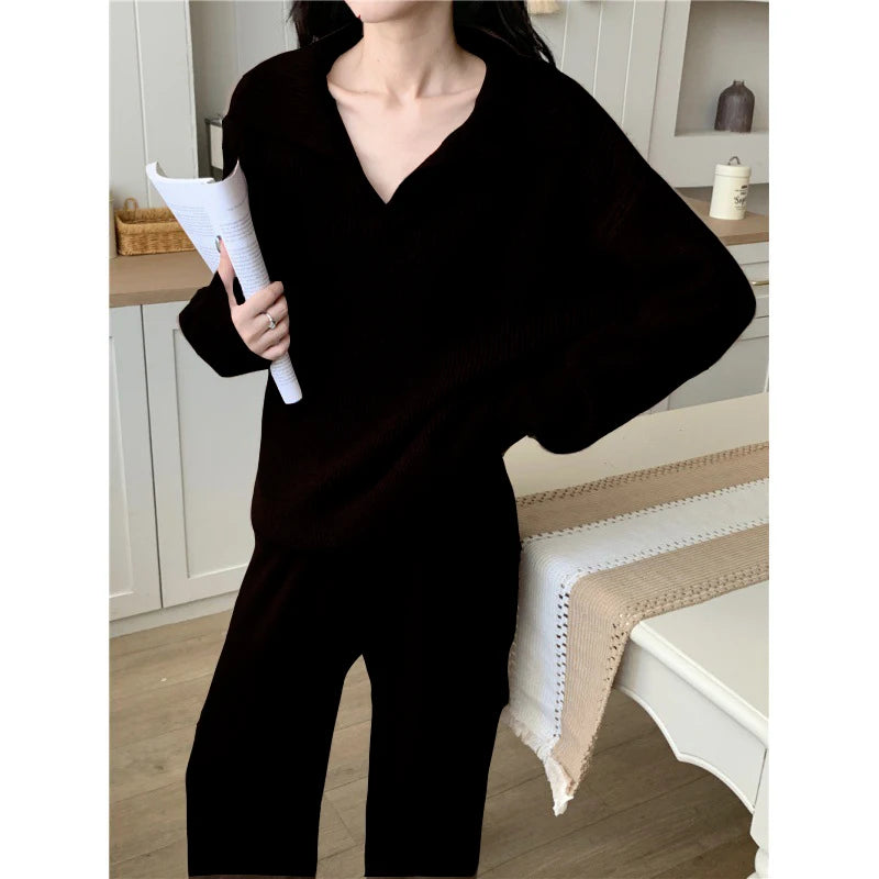 Autumn Cashmere Warm Soft Pants Suit Winter New Fashion Lapel V Neck Sweater Knitwear Casual Pants Women Two-piece Sets Elegant