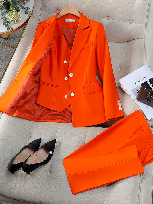 Autumn Winter Women Vest Blazer and Pant Suit Pink Navy Orange Office Ladies Business Work Career Wear Formal 3 Pieces Set