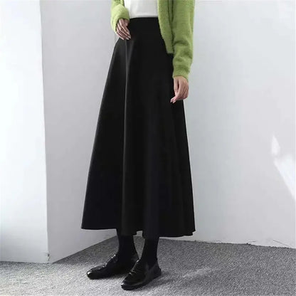 Winter Long Woolen Skirt Women Fashion High Waist Basic Wool Skirts Female Casual Thick Warm Black Elastic A-Line Maxi Skirts