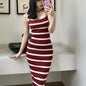 Pullover Knitting Camis High Waist Midi Sleeveless Dress Sheath Vestidos Sexy Women Rib Stripped Maxi Spaghetti Strap Robe Mujer