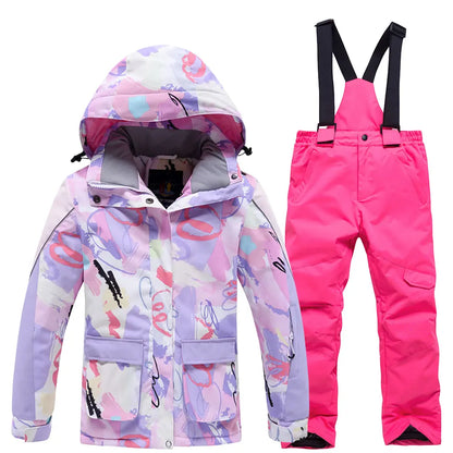 Fashion Printed Skiing Jacket + Bib Pants Snowsuits 2-Piece Boys Girls Hooded Winter Warm Windproof Snowboarding Wear