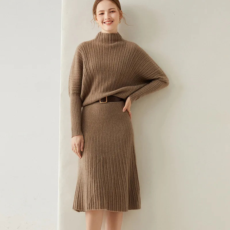 BirdTree Wool Cashmere Sweater Skirt Set, Women's Mock Neck Stripe Loose, Fashion Elegant Knit Suit Spring New