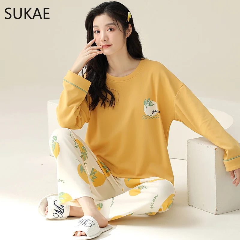 SUKAE M-5XL Big Size Women Pajama Set Autumn Winter New Cotton Long Sleeves Woman Sleepwear Casual Girl Pijama Cartoon Nightwear