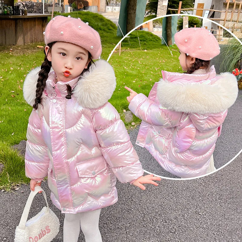 New Winter Girls Jacket Cute Wings Keep Warm Fur Collar Little Princess Coat Hooded Zipper Parka Snowsuit Windproof Outerwear