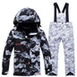 Fashion Printed Skiing Jacket + Bib Pants Snowsuits 2-Piece Boys Girls Hooded Winter Warm Windproof Snowboarding Wear