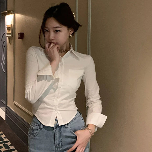 Korean White Office Women Chiffon Shirt Pocket Button Lapel Ladies Blouse Spring Commuter Long Sleeve New Female Crop Tops