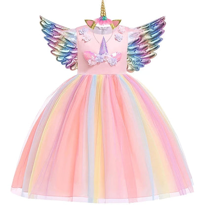 Kids Unicorn Dress for Girls Flower Appliques Ball Gown Elegant Party Costumes Little Girl Princess Dresses Children Clothing