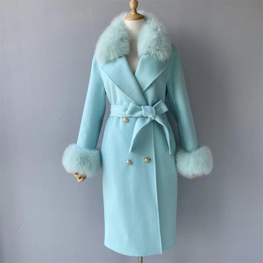 Women's Cashmere Wool Coat Spring Real Fox Fur Collar Woolen Trench Jacket Winter Adjustable Waist Slim Ladies Long Overcoat