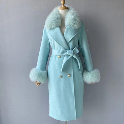 Women's Cashmere Wool Coat Spring Real Fox Fur Collar Woolen Trench Jacket Winter Adjustable Waist Slim Ladies Long Overcoat