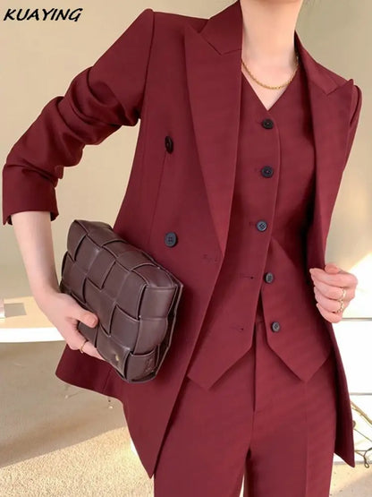 Korean Fashion Burgundy Business Blazer 3 Pieces Set Elegant Casual Jackets Coat Sleeveless Vest + Pant Suit Female Clothes New