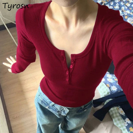 T-shirts Women Streetwear Solid All-match Slim Korean Style Clothes Sweet Sexy Girls Autumn Long Sleeve Top Trendy Chic T Shirt