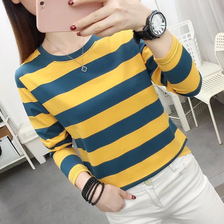 Autumn Loose Pure Cotton Long Sleeve T-shirt Women Clothing Middle-aged Mom Base Shirt Striped Top