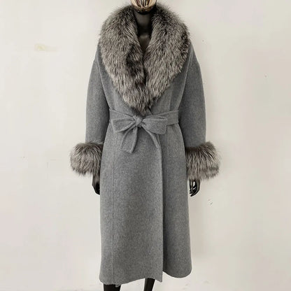 Wool Coat Women New Autumn Winter Real Fox Fur Jacket Female Long Warm Natural Fox Fur Collar Fur Cuffs