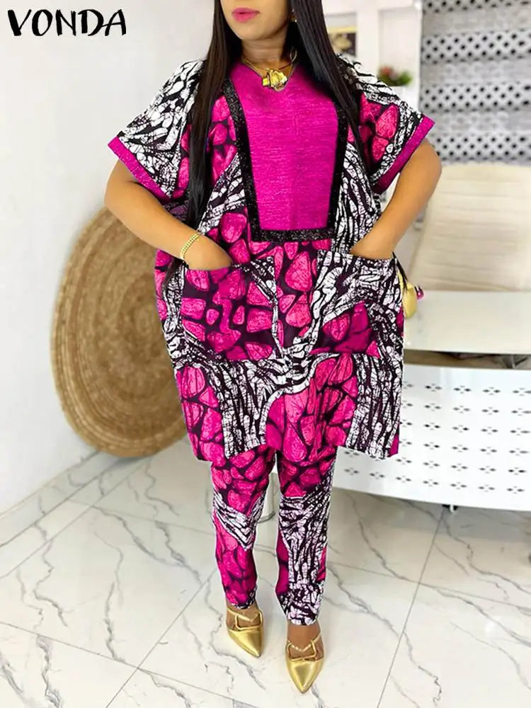 Plus Size 5XL VONDA Women Pants Sets Elegant Matching Sets Short Sleeve Print Blouse Trousers Sets 2025 Casual Baggy Suits