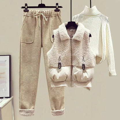 Autumn and Winter Women's Suit Lamb Wool Vest Thickened Cashmere Sweater High Waist Casual Woolen Trousers Three Piece Set