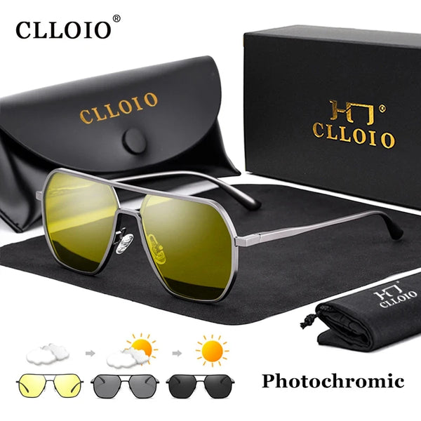 CLLOIO Anti-glare Day Night Vision Glasses Men Women Polarized Driving Sun Glasses Square Aluminum Photochromic Sunglasses UV400