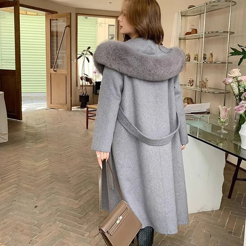 Overcoat 2024 New Fashion Women's Women's Woolen Coat Winter Temperament Large Fur Collar Solid Color Women's Woolen Coat H87