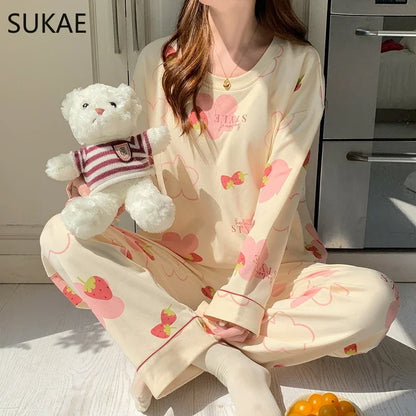 SUKAE Pink Puppy Printing Women Sleepwear Korean New Pajamas Set O-neck Long Sleeve Pijamas Autumn Spring Faux Cotton Nightwear