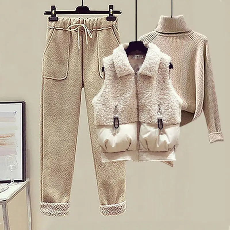 Autumn and Winter Women's Suit Lamb Wool Vest Thickened Cashmere Sweater High Waist Casual Woolen Trousers Three Piece Set